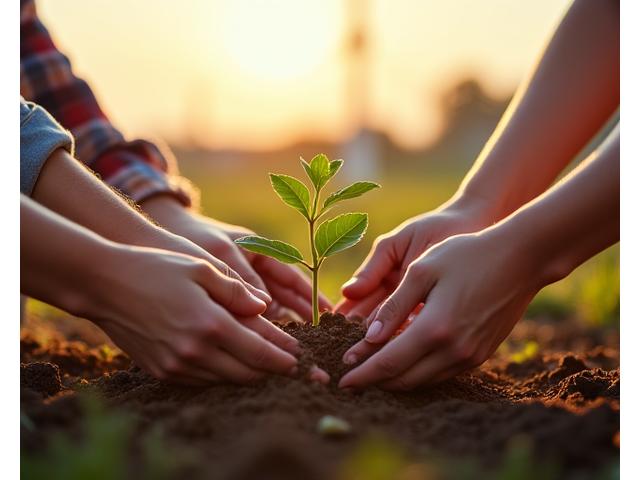 Hands planting a sapling with a blurred solar panel background, symbolizing environmental commitment