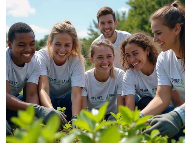 Group of corporate volunteers planting trees in a natural setting, smiling.