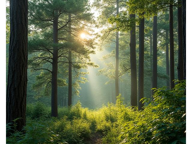 Lush East Texas forest with tall pine and hardwood trees, sunlight filtering through.