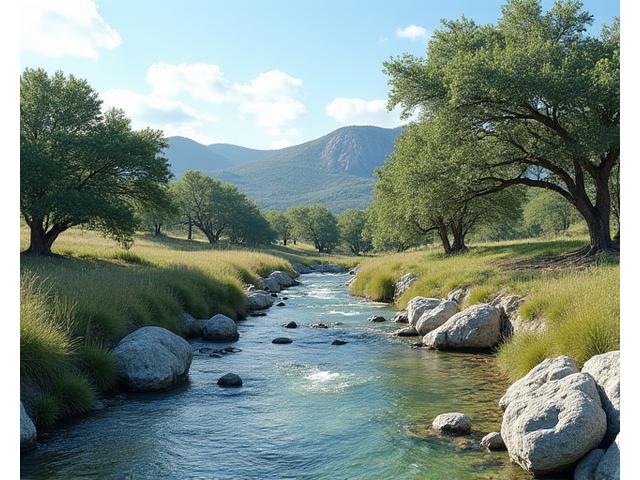 Scenic Texas Hill Country landscape with rolling hills, oak trees, and a clear stream.