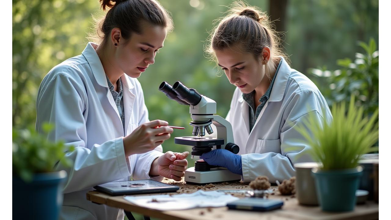 Researchers analyzing plant samples in a field laboratory setting.