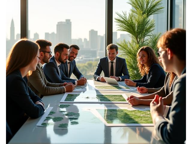 Engineers and urban planners reviewing blueprints and digital models of green infrastructure and flood defenses in a sunlit meeting room.