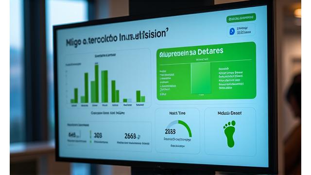 Digital dashboard displaying greenhouse gas emission metrics, with charts for Scope 1, 2, and 3, and a target line for reduction.