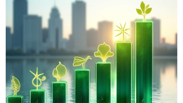 Financial charts and graphs overlaid with environmental icons, depicting financial impact modeling of climate risks and opportunities.
