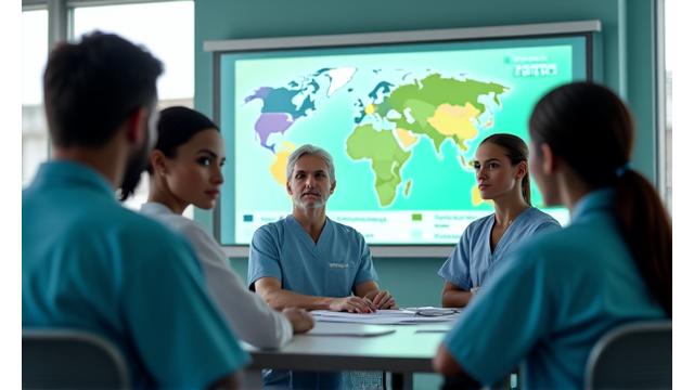 Healthcare professionals in a modern hospital setting, discussing emergency preparedness for climate-related health impacts.