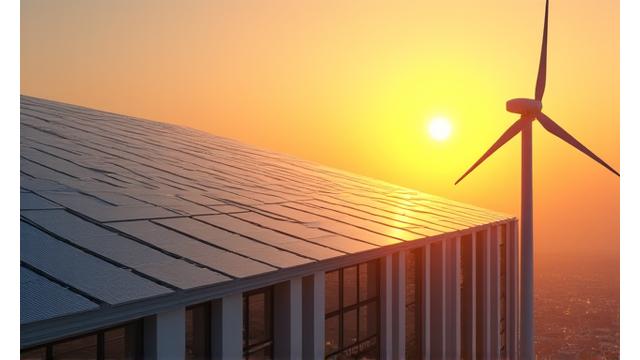 Solar panels on a commercial rooftop, with a wind turbine in the distance, symbolizing renewable energy integration for businesses.