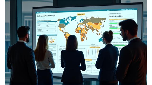Business professionals collaborating on a digital dashboard showing risk matrices and climate impact projections, with diverse geographical data.