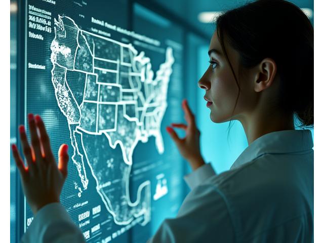 Scientist analyzing climate data on a holographic display, showing rising temperature graphs and weather patterns with a focus on regional data.