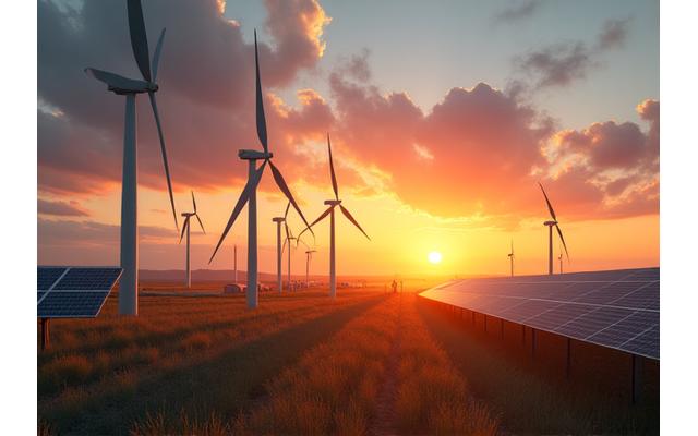 A modern, clean energy facility or wind farm depicted at sunset, representing sustainable energy solutions and environmental stewardship in the energy sector. Emphasizes technology and nature harmony.