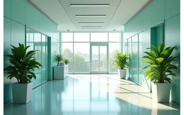 A modern, sterile healthcare facility, perhaps a hospital reception or lab, with bright lighting and subtle green accents in the decor (plants, eco-friendly materials), conveying a healthy and sustainable environment.