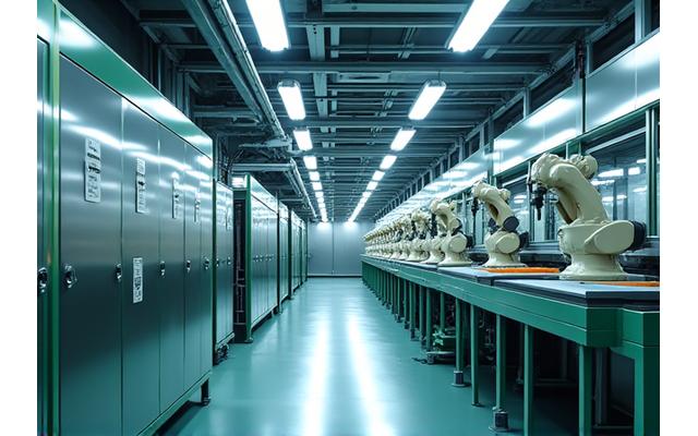 A clean, modern manufacturing facility interior with advanced machinery, emphasizing efficiency and reduced waste. Green elements are subtly integrated, like energy-efficient lighting or recycling bins.