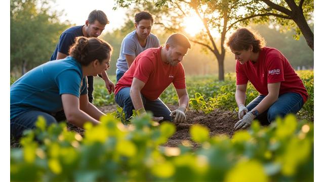 A corporate team engaged in an outdoor ecological restoration project, planting trees or cleaning up a local natural area, showing teamwork and positive environmental impact. Natural lighting, focus on activity.