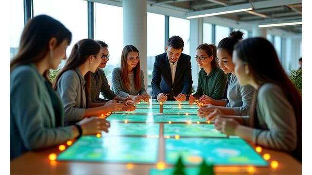 A diverse group of employees actively participating in an indoor sustainability challenge, working together on a board or digital display, demonstrating collaboration and innovative problem-solving in an engaging setting.