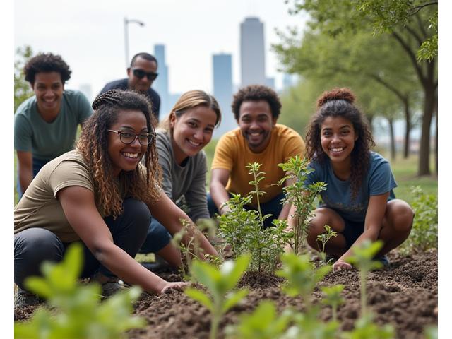Group of diverse community members planting trees in a park as part of a biodiversity conservation workshop in Dallas.