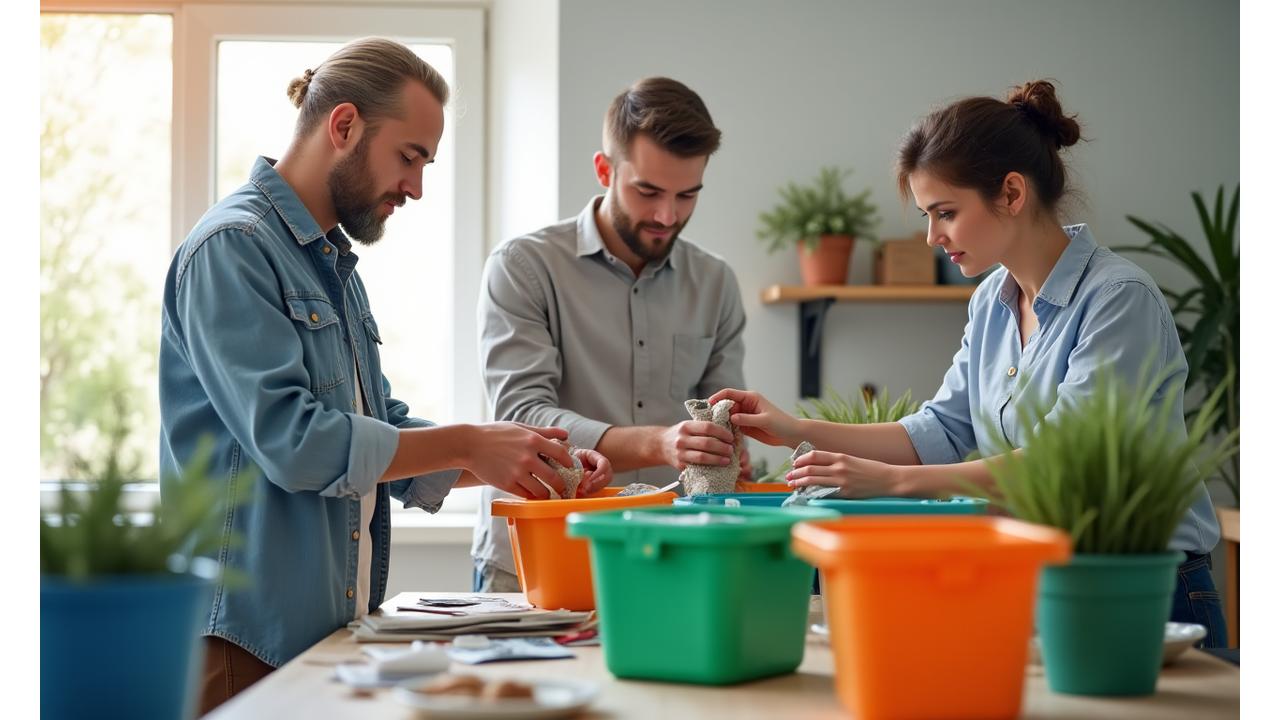 Participants collaboratively sorting waste into different recycling bins during a practical waste audit simulation at a workshop.