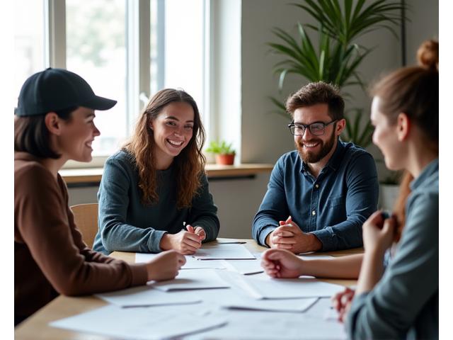 Diverse small business owners collaborating in a clean, modern workshop, reviewing compliance documents with a smiling environmental consultant, conveying simplicity and trust.
