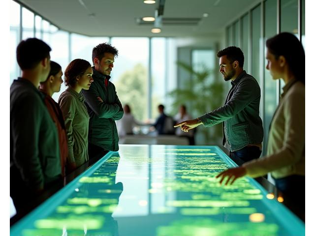 Professionals discussing environmental regulations with a green ecosystem background