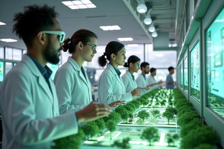 Modern environmental training lab with advanced sensors, data displays, and a small group of diverse students in lab coats conducting experiments with sustainable technology. Focus is on hands-on learning.