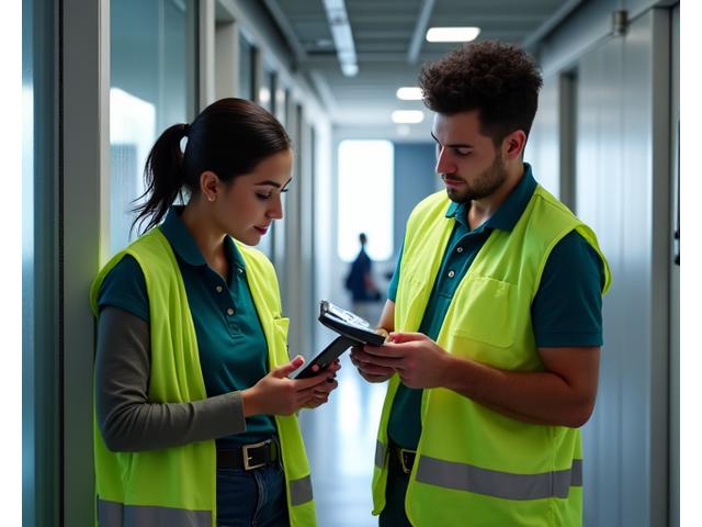 Engineers conducting a detailed energy audit using tablets and thermal imaging cameras in a modern office building, focusing on efficiency and sustainability.