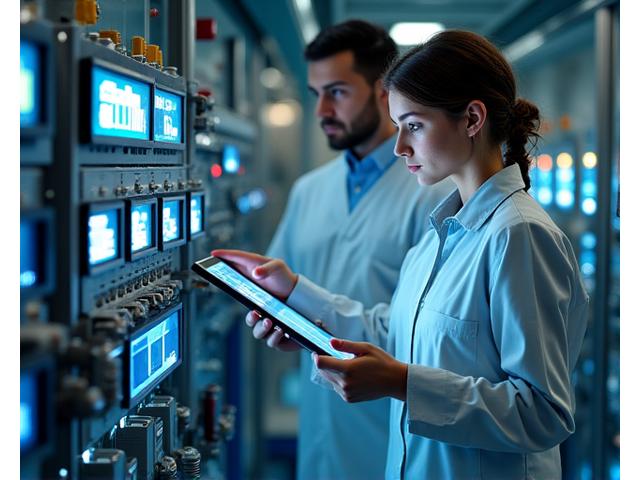 Experts analyzing data graphs and water usage meters in a modern water treatment facility, emphasizing sustainable resource management and technology integration.