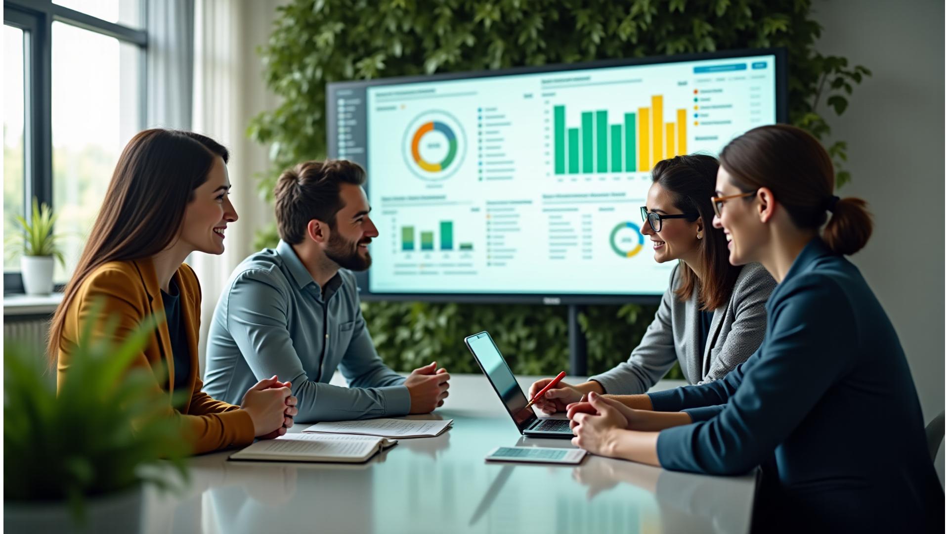 Diverse professionals collaborating in a modern, sustainable office overseeing environmental data dashboards