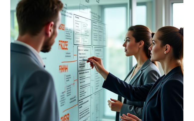 People collaboratively planning on a whiteboard with climate resilience diagrams