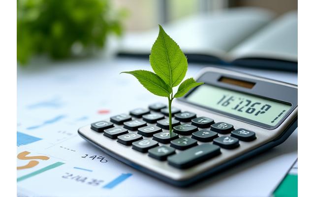 Calculator displaying financial data with a plant growing out of it, symbolizing ROI in green investments