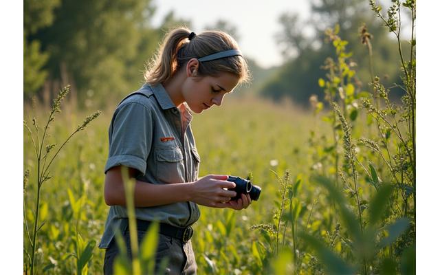 Ecologist carefully collecting samples in a lush, biodiverse Texas wetland with diverse plant life