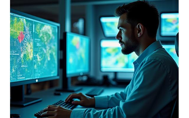 Scientist analyzing climate data on multiple screens in a research lab setting