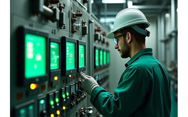 Industrial technician monitoring complex environmental control systems with green-conscious design elements