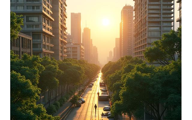 Urban landscape with green infrastructure like rooftop gardens and solar panels, symbolizing sustainable development