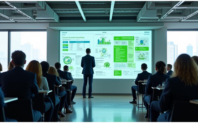 Large corporate team engaged in a dynamic environmental workshop, with an instructor leading a discussion (modern conference room, diverse participants)
