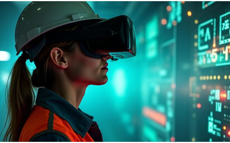 Worker wearing a VR headset, immersed in a simulated industrial environment, learning safety protocols in a virtual setting