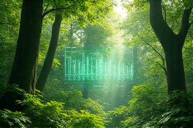A vibrant green forest with a subtle digital overlay representing carbon credits and environmental investment.