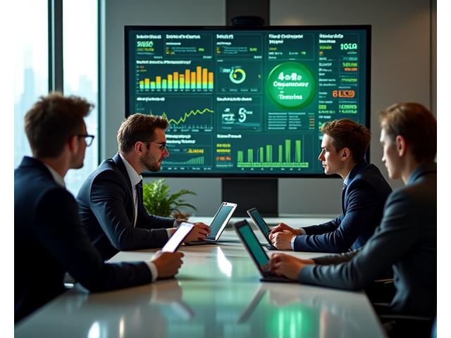 Financial professionals collaborating around a table with tablets displaying green energy graphs and sustainable investment portfolios.