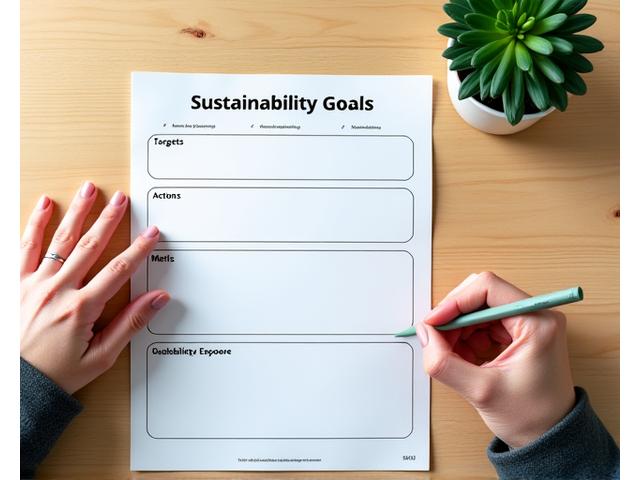 Hand writing on a 'Sustainability Goals' template with a pen and a plant in the background.