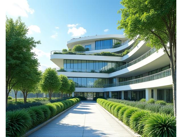 Modern hospital building surrounded by lush green parks and solar panels, reflecting sustainable healthcare operations.