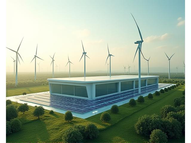 Panoramic view of a modern data center powered by wind turbines and solar panels, showcasing sustainable business infrastructure.