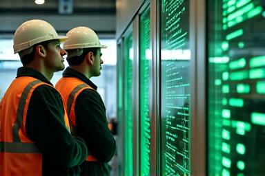 Engineers observing a high-efficiency industrial process using monitors, indicating optimized implementation.
