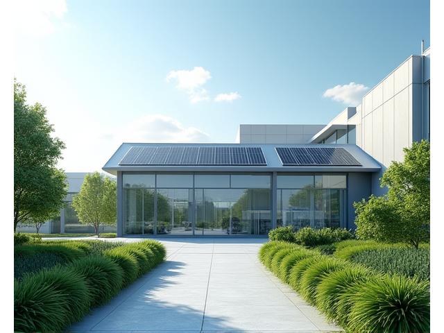 Modern manufacturing facility with solar panels on the roof and green spaces, symbolizing sustainable production.