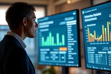 A professional observing a dashboard with real-time environmental data metrics and analytics.