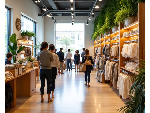 A vibrant, modern retail store interior featuring wooden fixtures, living walls, and customers using reusable bags, highlighting sustainable shopping.