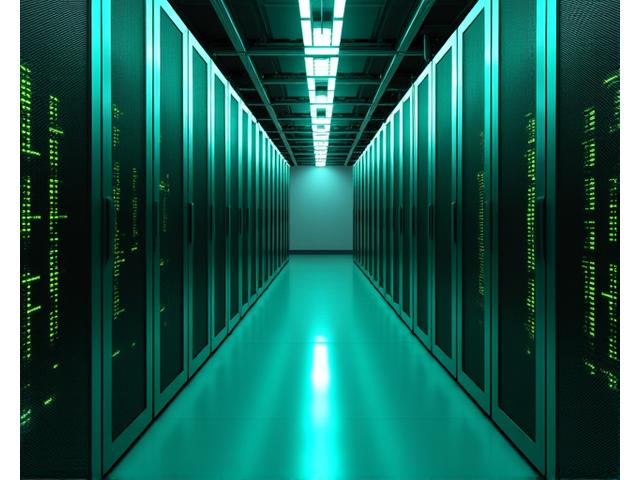 Clean data center rows with glowing green lights, emphasizing energy efficiency and sustainable tech infrastructure.