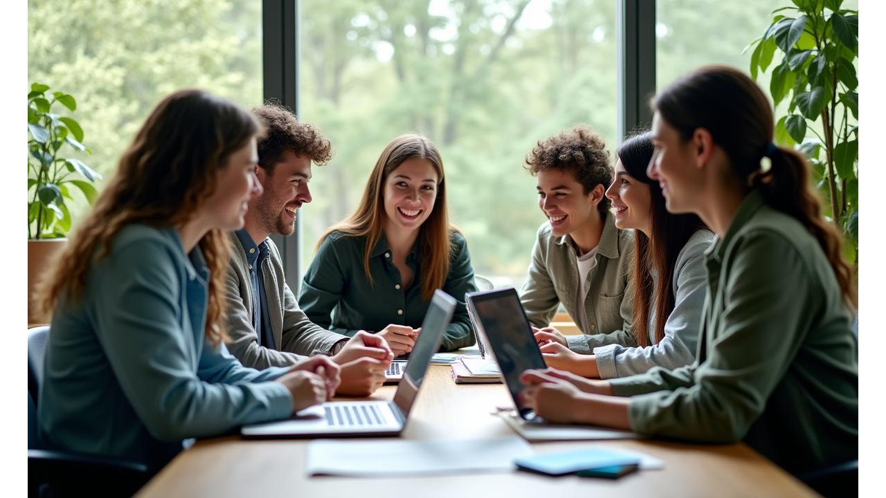 Students actively collaborating in a modern, green-themed classroom setting, symbolizing engaged learning