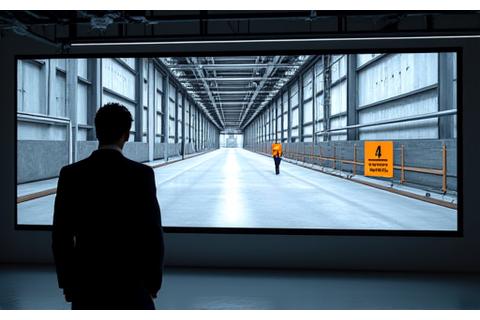 A large screen displaying a 360-degree video of an industrial site, with an overlay highlighting potential hazards, illustrating 360-degree video training.