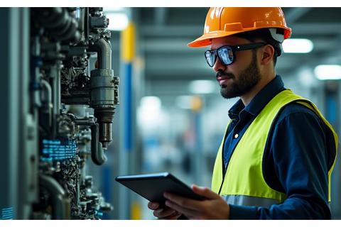 A factory worker using an augmented reality device, seeing digital safety warnings and machinery instructions overlaid onto real-world equipment, highlighting Augmented Reality modules.