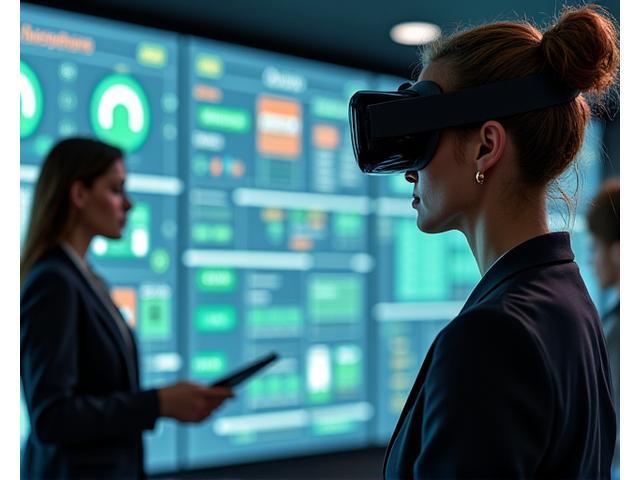 A diverse group of professionals in a modern office, one wearing a VR headset, others collaborating on a tablet displaying compliance metrics, symbolizing regulatory compliance through VR training.