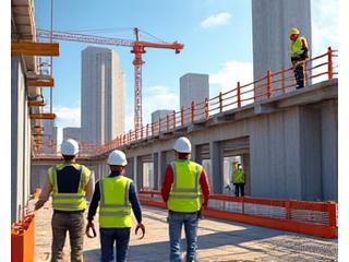 A virtual construction site with workers wearing hard hats and safety vests, practicing fall protection, representing VR training for Construction.
