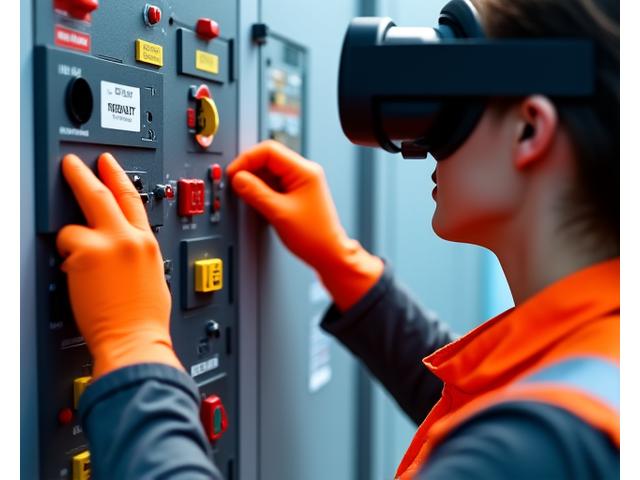 An industrial technician in a VR headset performing lockout/tagout procedures on virtual electrical equipment, emphasizing electrical safety training.