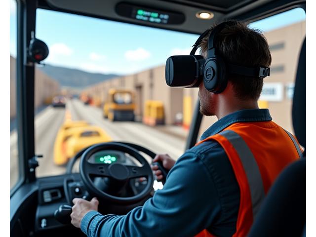 A trainee in VR operating a virtual forklift in a warehouse setting, practicing industrial equipment operation safely.